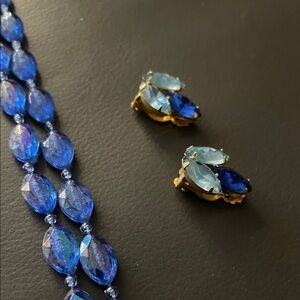 Vintage Blue Beaded Necklace and Clip-On Earrings Set